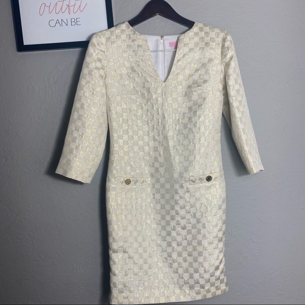 Lilly Pulitzer McLane Gold Metallic and cream shift dress 2